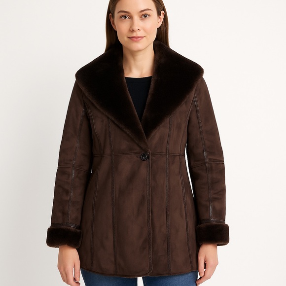 Talbots x Vintage Faux Suede Chocolate Brown Faux Fur Lined Penny Lane Coat - Picture 1 of 11